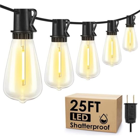 25FT Outdoor String Lights, Patio Lights with 10+1 LED Dimmable Waterproof - Picture 1 of 7